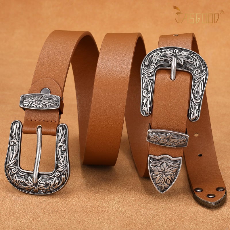 JASGOOD Women Leather Belts Ladies Vintage Western Design Black Waist Belt for Pants Dresses - Image 2